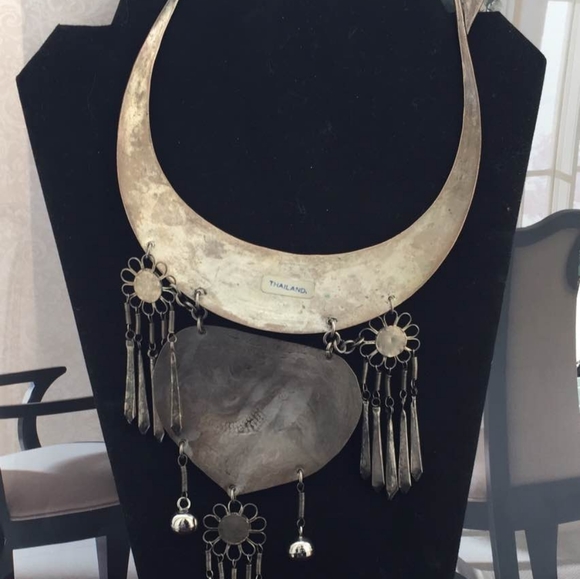 Vtg HILL TRIBE MIAO fish silver tone Necklace Thailand breastplate - Picture 2 of 4